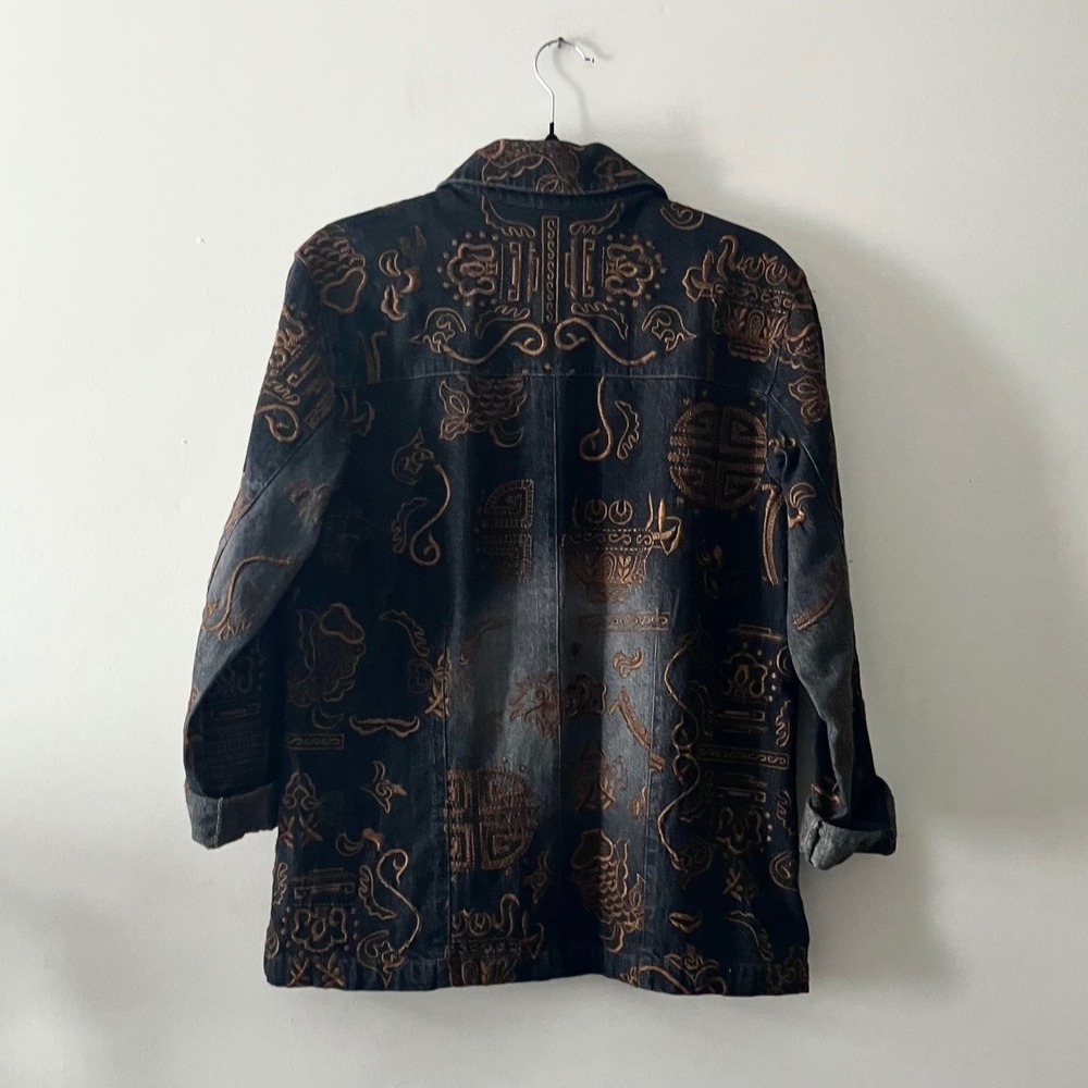 Chico's Embroidered Denim Jacket Black and Brown Boho Western Size 1 medium - Picture 4 of 6